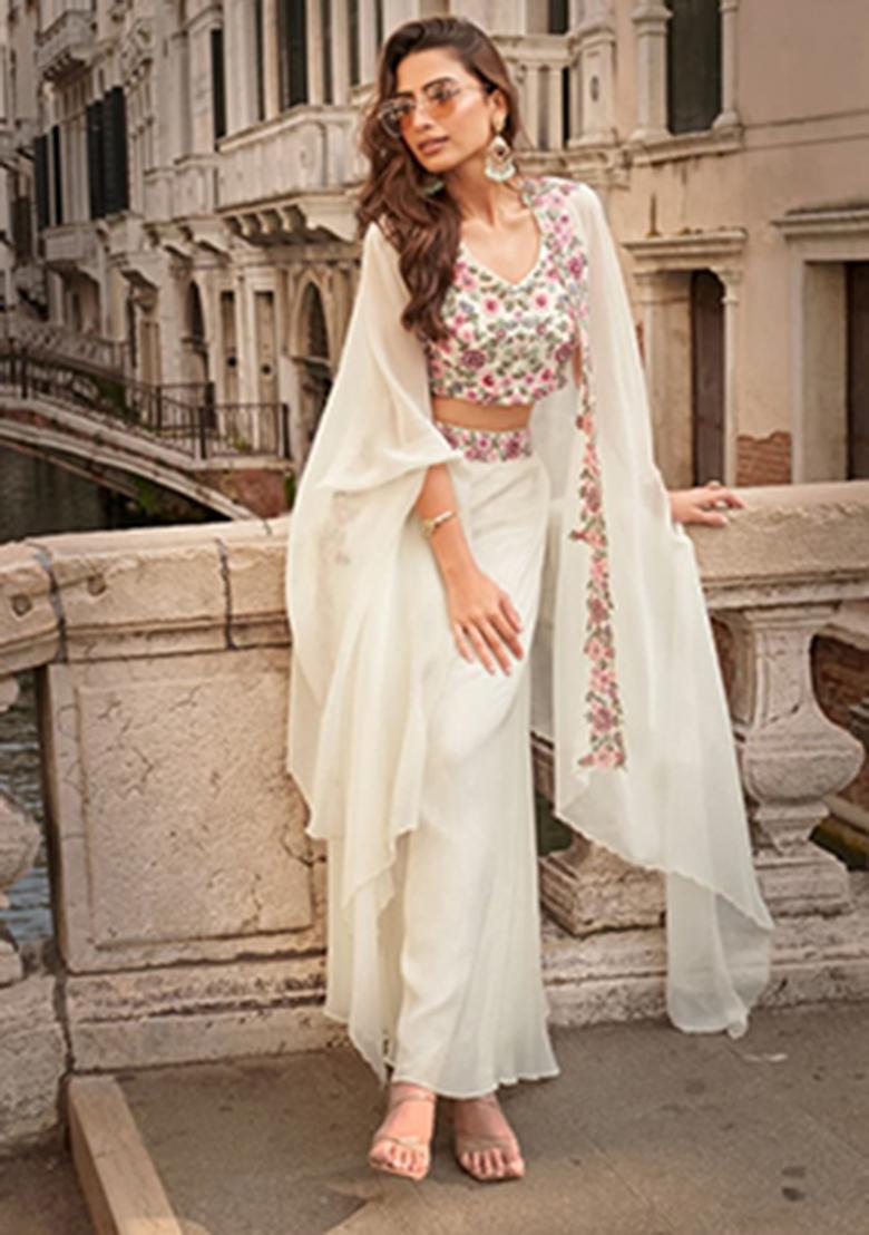 White Embroidery Silk Kurta Set - Indya
