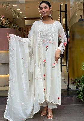Off White Embroidery Silk Kurta Set