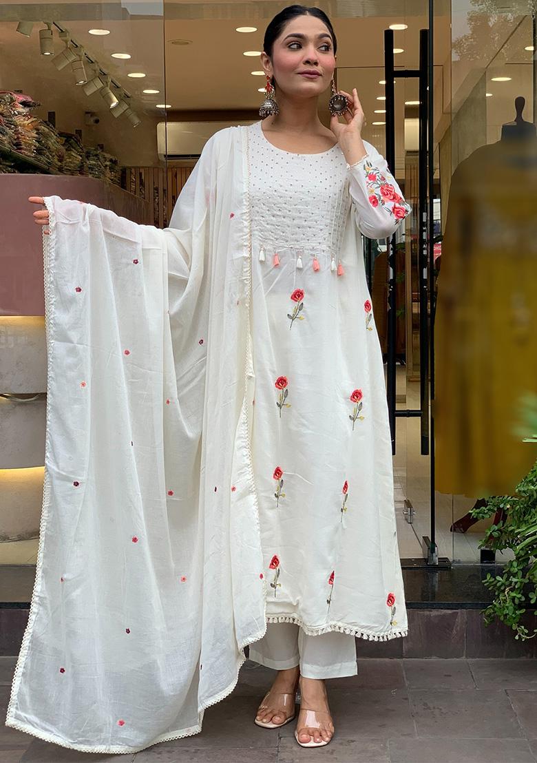 Off White Embroidery Silk Kurta Set - Indya
