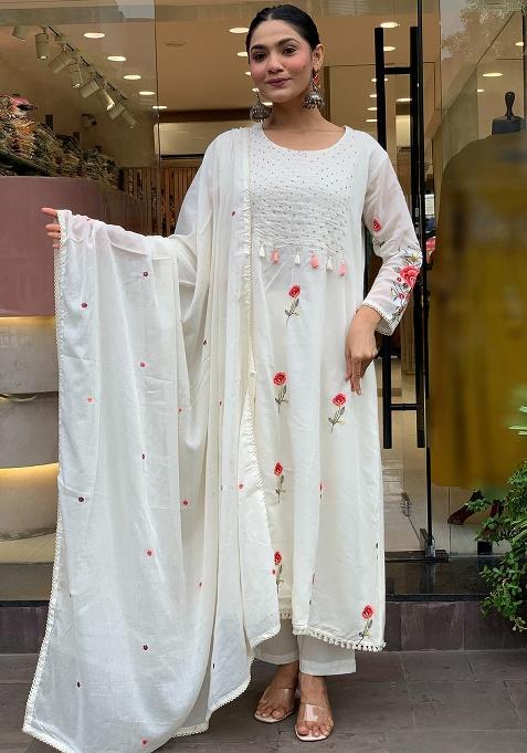 Off White Embroidery Silk Kurta Set
