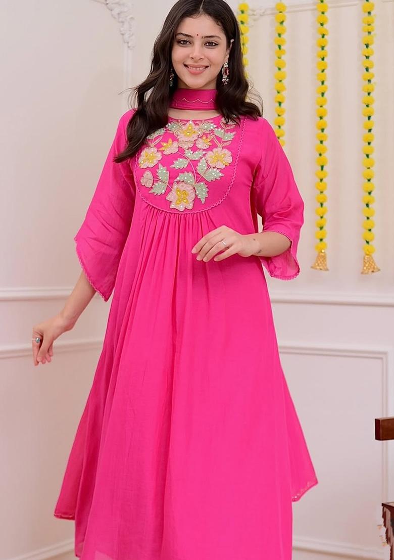 Hot Pink Embroidery Silk Kurta Set - Indya
