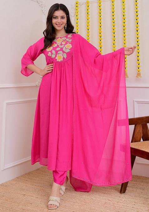 Hot Pink Embroidery Silk Kurta Set
