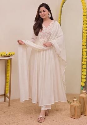 Cream Embroidery Silk Kurta Set