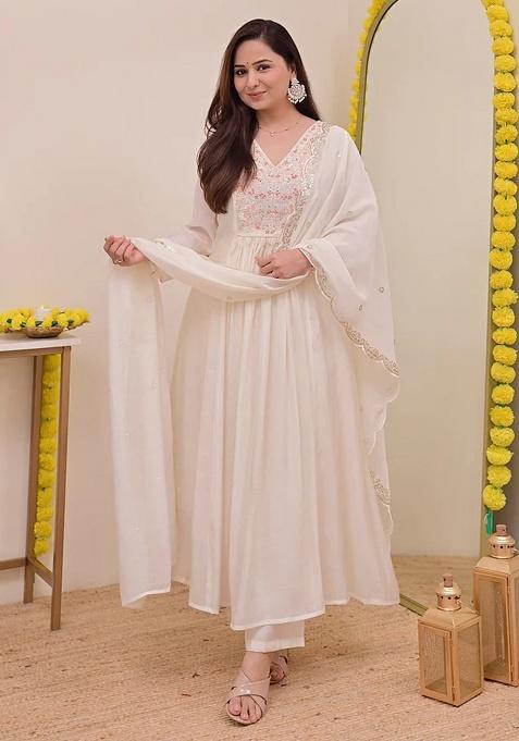 Cream Embroidery Silk Kurta Set