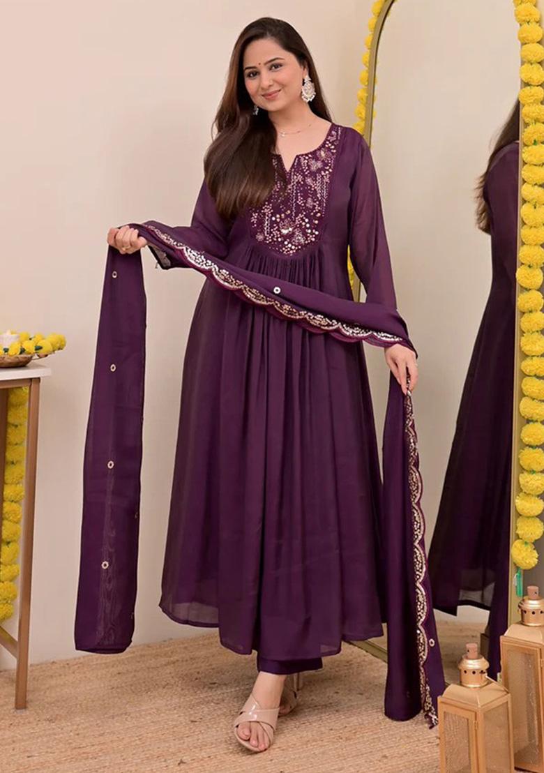 Purple Embroidery Silk Kurta Set - Indya