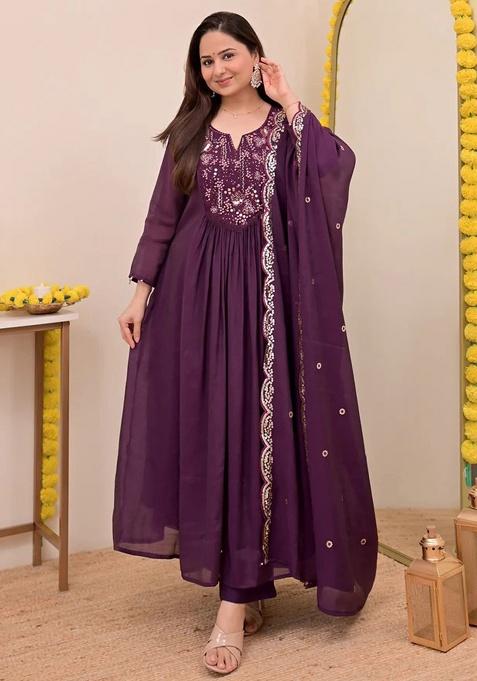 Purple Embroidery Silk Kurta Set