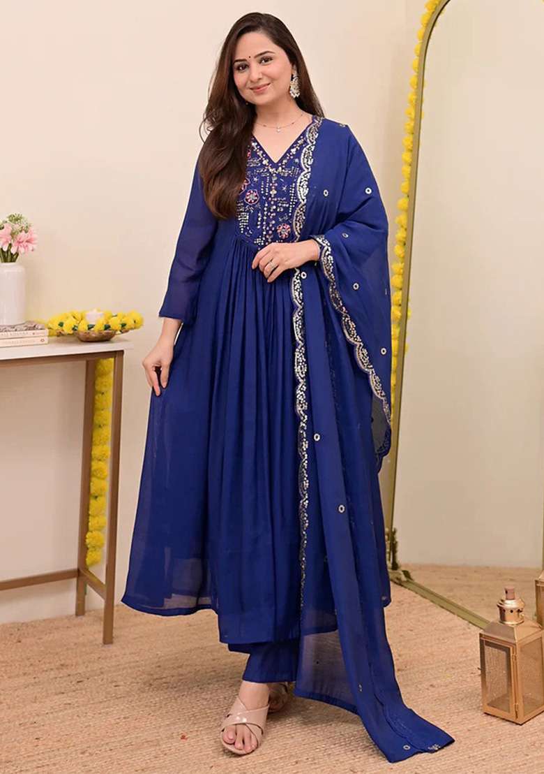 Blue Embroidered Silk Blend Anarkali Set - Indya