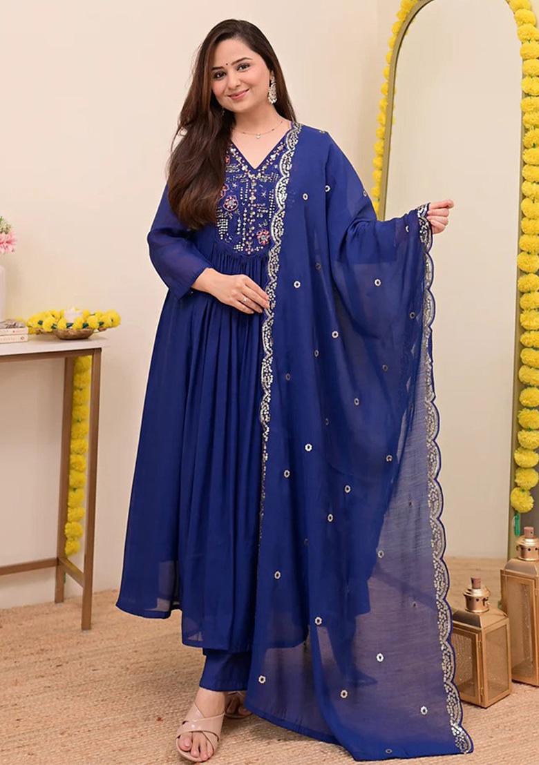 Blue Embroidery Silk Kurta Set - Indya