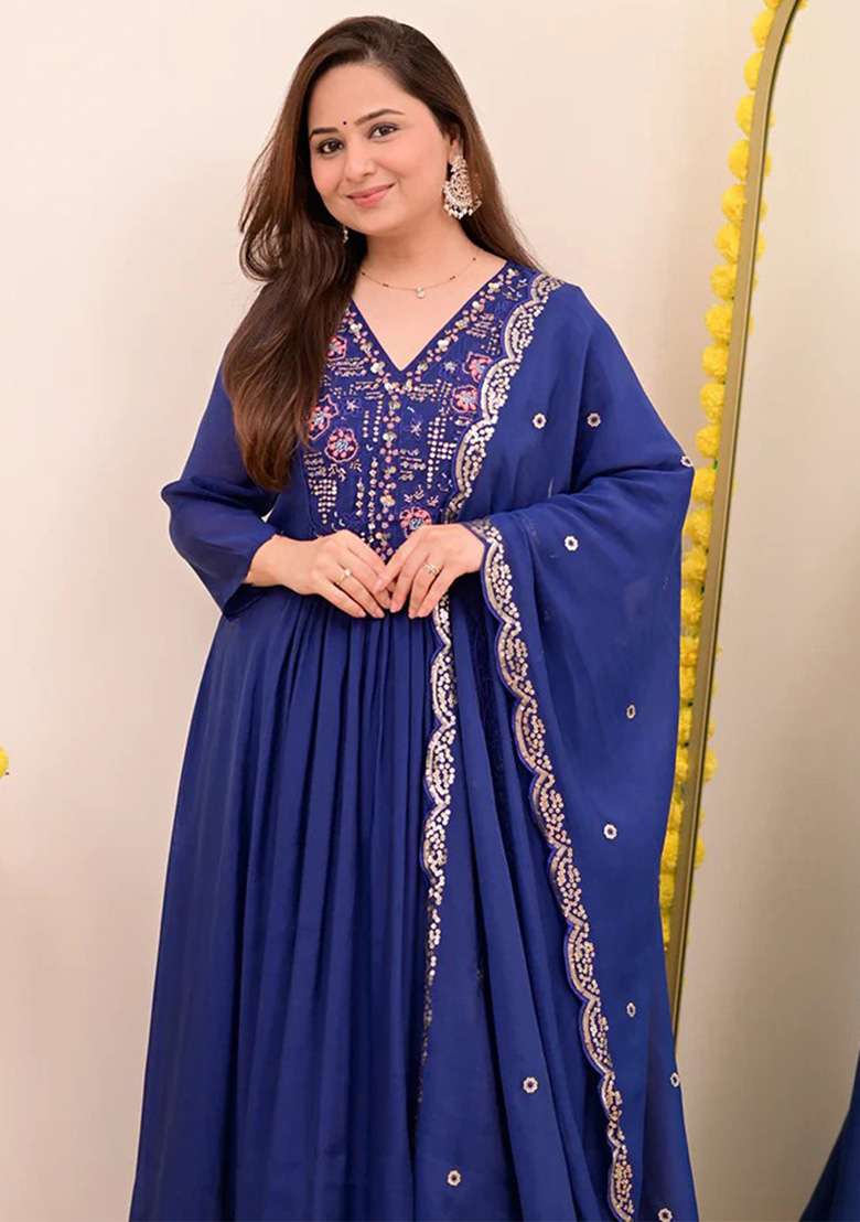 Blue Embroidered Silk Blend Anarkali Set - Indya