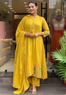 Mustard Embroidery Silk Kurta Set