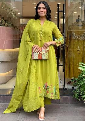 Lime Embroidery Silk Kurta Set