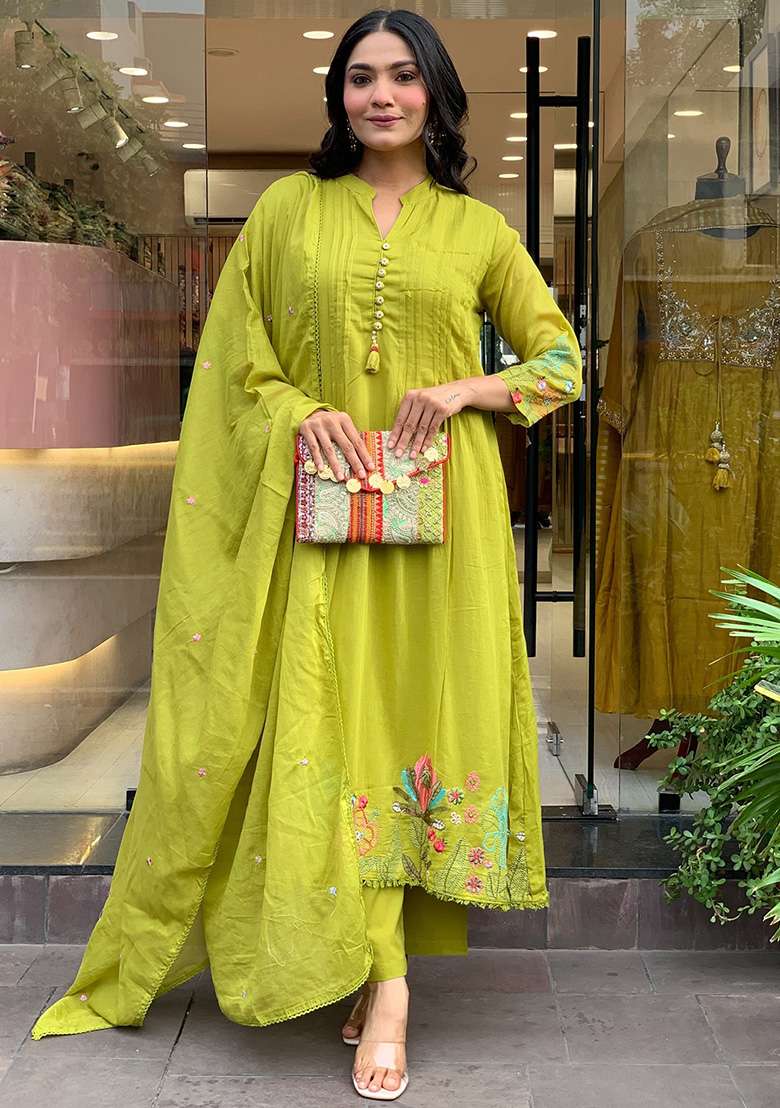 Lime Embroidery Silk Kurta Set - Indya