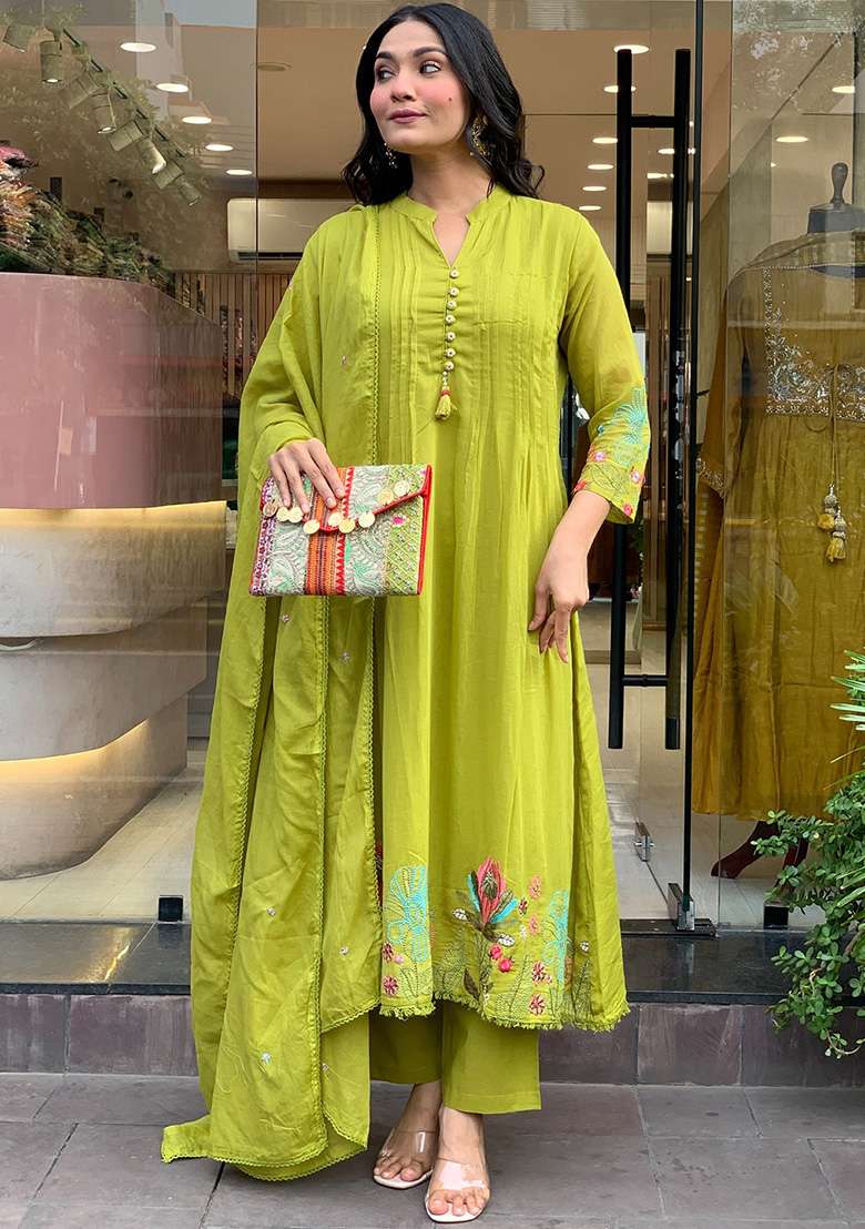 Lime Embroidery Silk Kurta Set - Indya