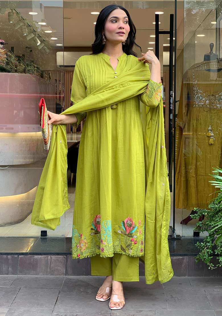 Lime Embroidery Silk Kurta Set - Indya