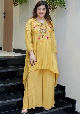 Yellow Embroidery Crepe Kurta Set