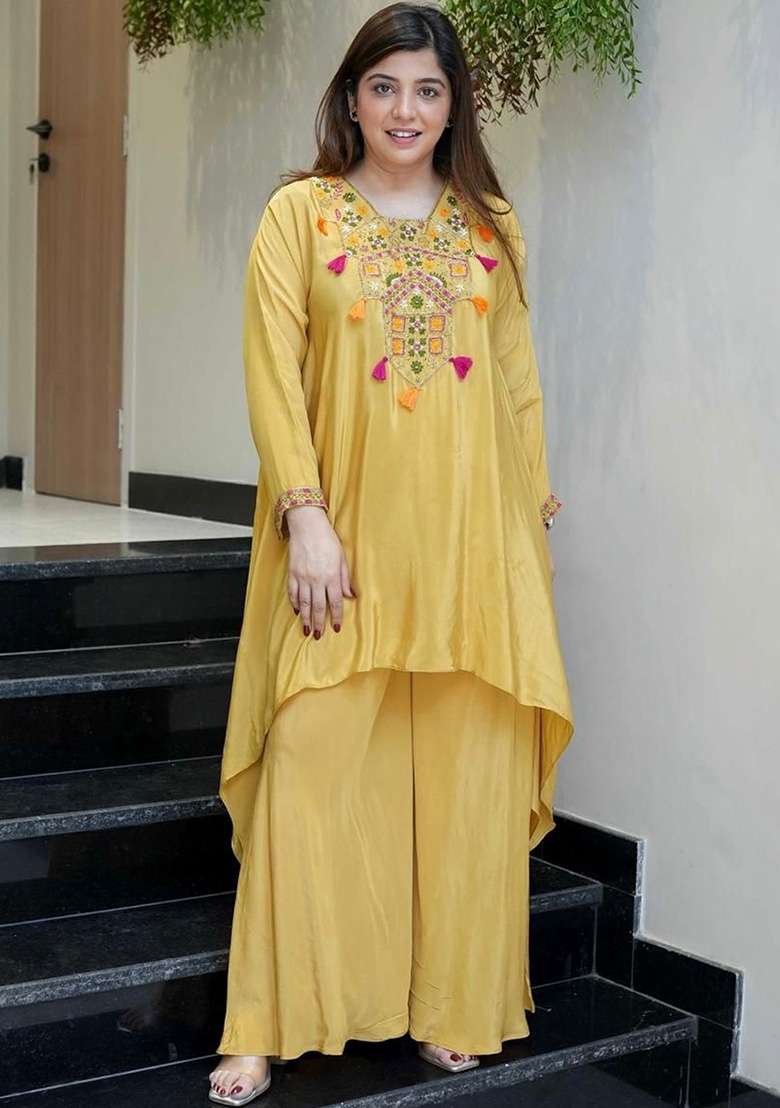 Yellow Embroidered Crepe Sharara Set - Indya
