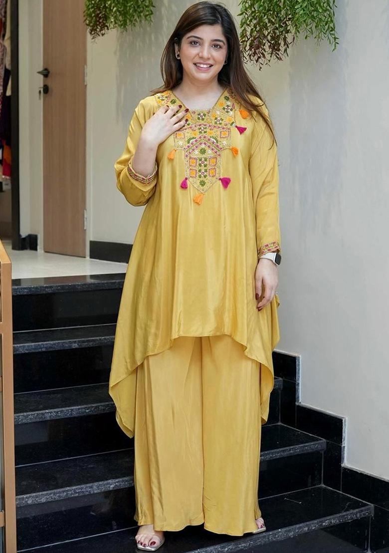 Yellow Embroidery Crepe Kurta Set - Indya