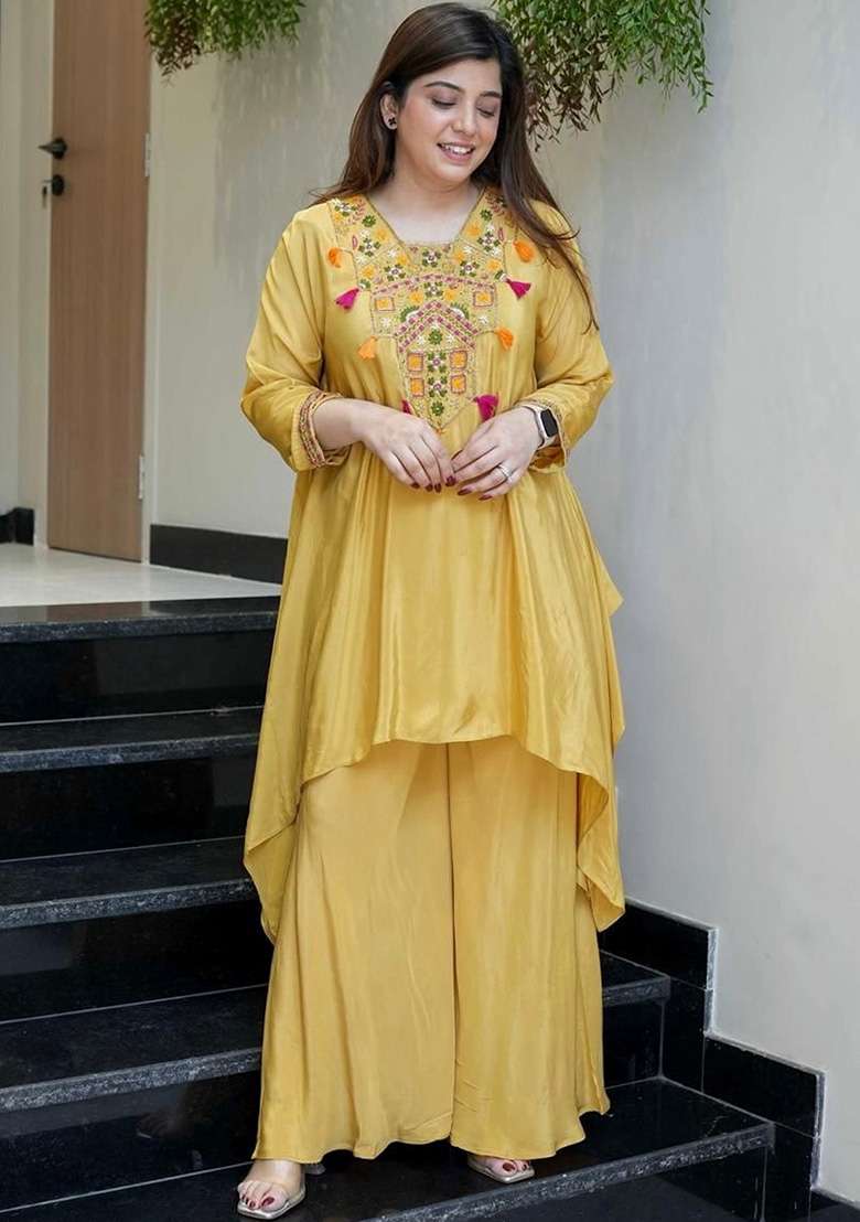 Yellow Embroidered Crepe Sharara Set - Indya
