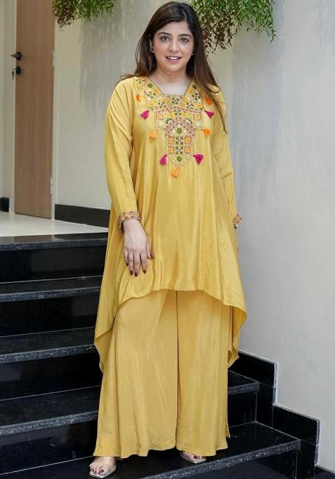 Yellow Embroidery Crepe Kurta Set