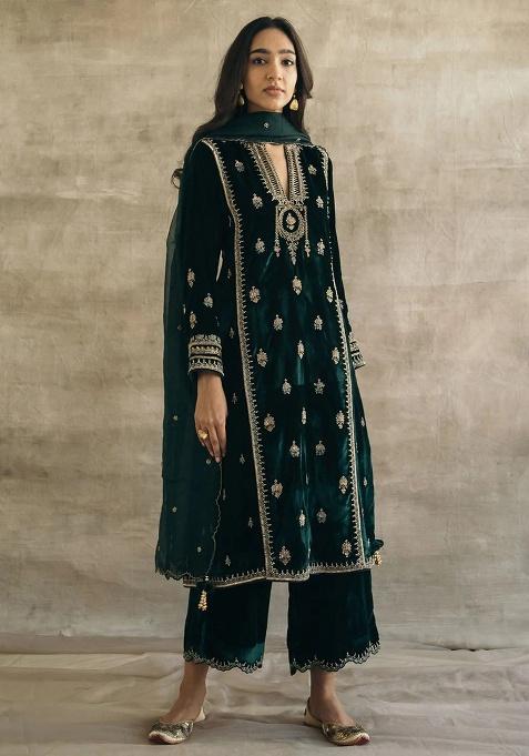 Dark Green Thread Work Velvet Kurta Set