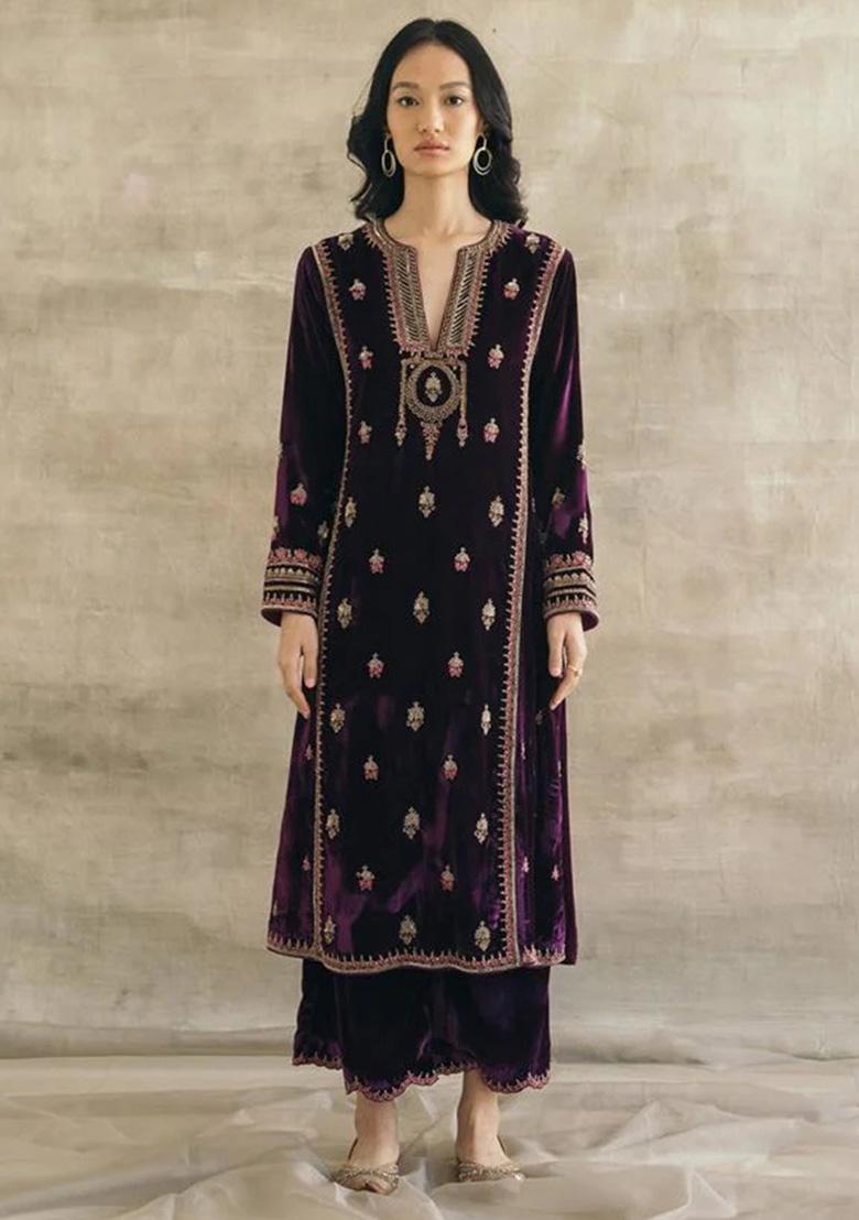 Purple Thread Work Velvet Kurta Set - Indya