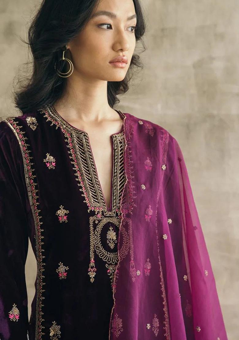 Purple Thread Work Velvet Kurta Set - Indya