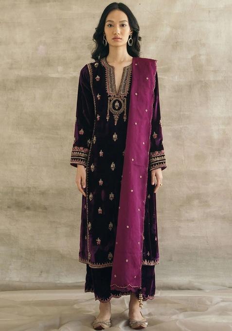 Purple Thread Work Velvet Kurta Set