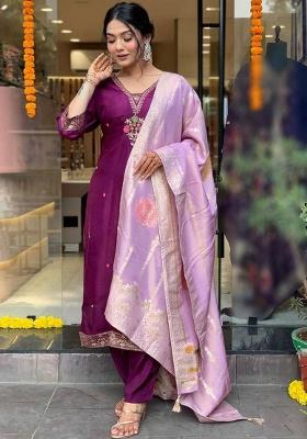 Purple Thread Work Chanderi Kurta Set