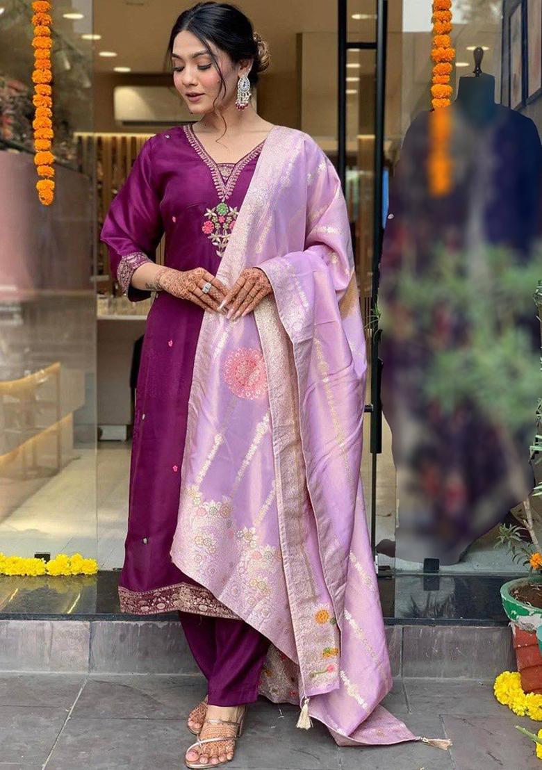 Purple Thread Work Chanderi Kurta Set - Indya