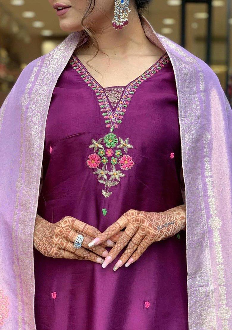 Purple Thread Work Chanderi Kurta Set - Indya