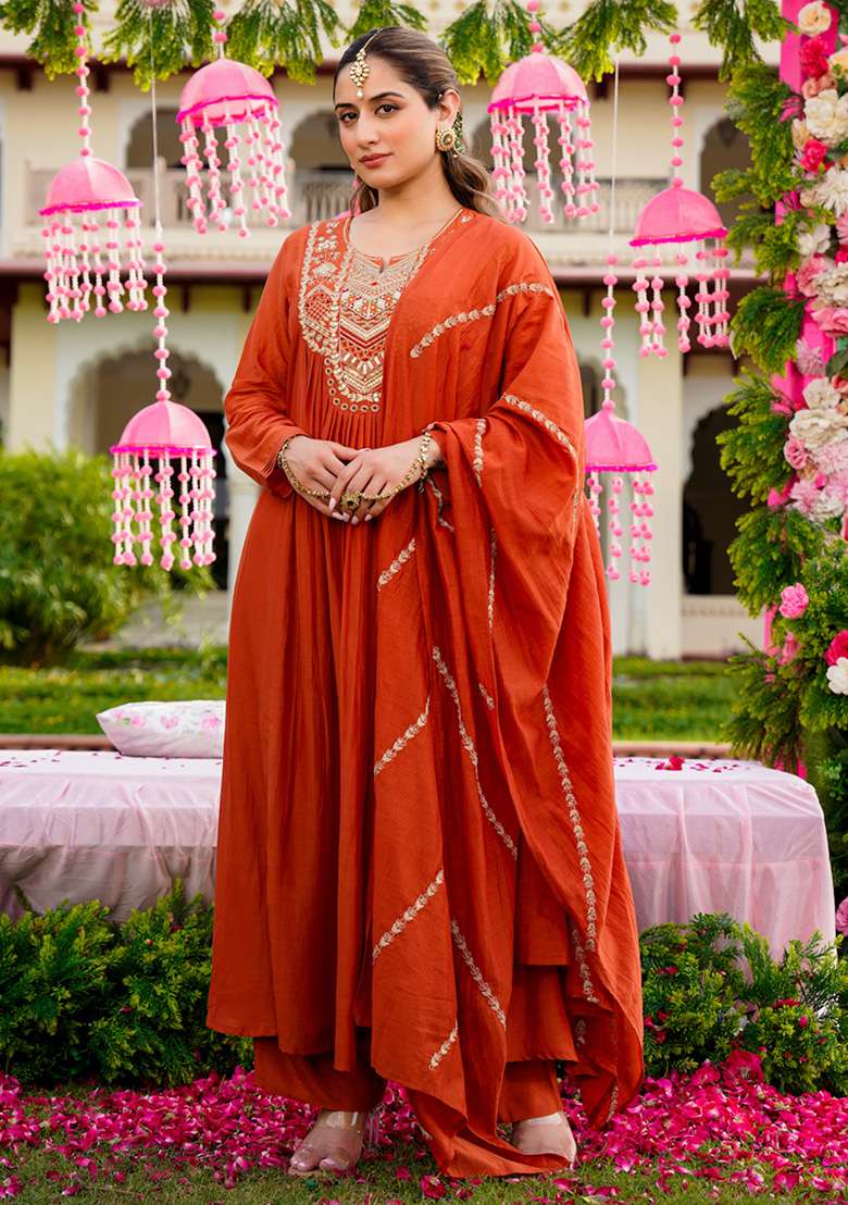 Rust Thread Work Silk Kurta Set - Indya
