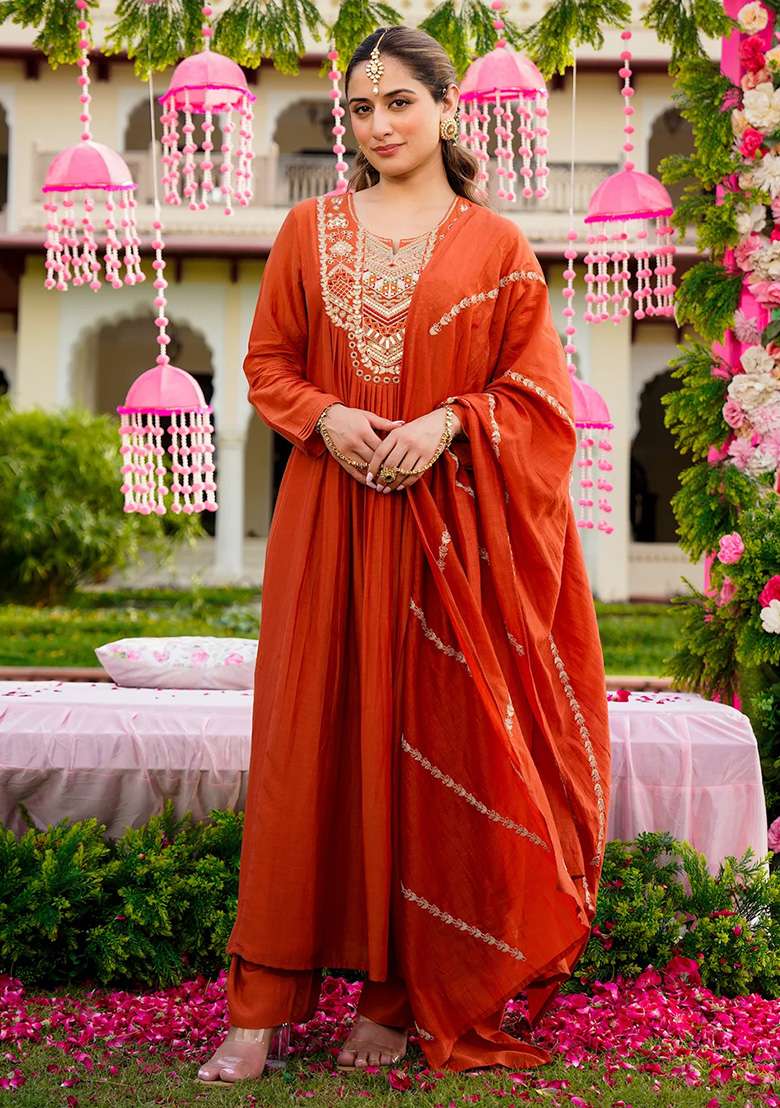 Rust Thread Work Silk Kurta Set - Indya
