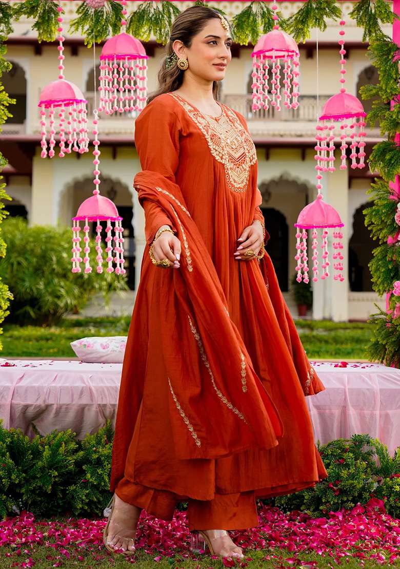 Rust Thread Work Silk Kurta Set - Indya
