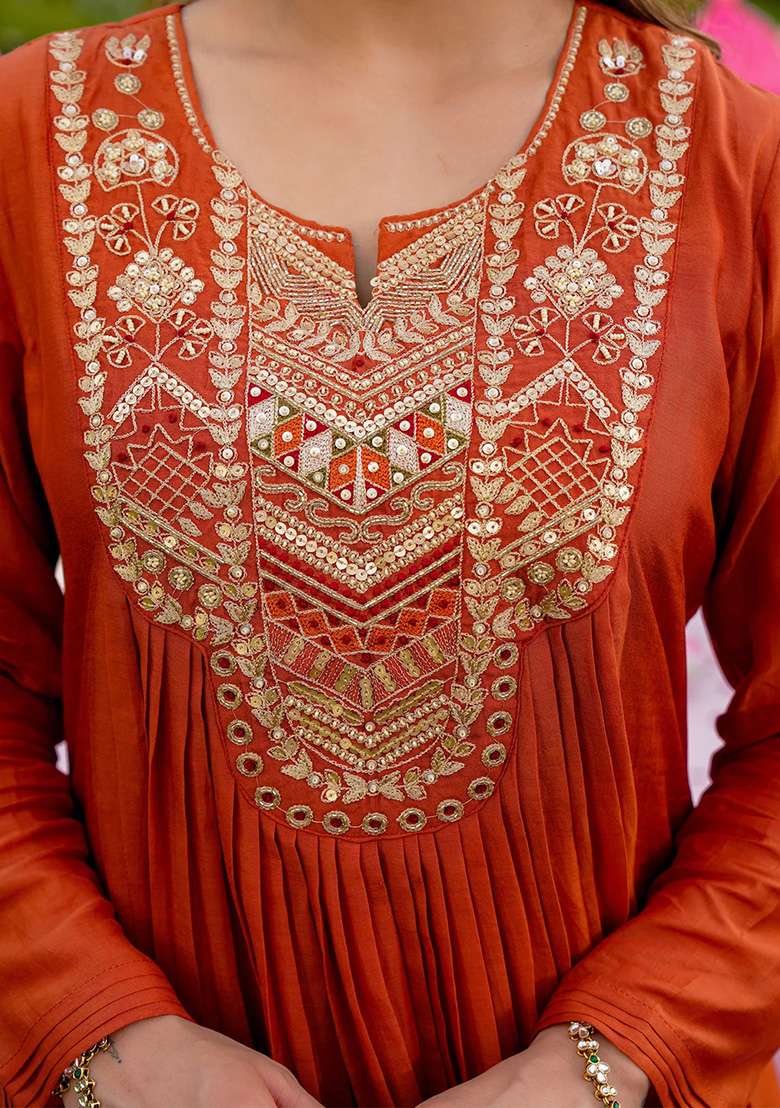 Rust Thread Work Silk Kurta Set - Indya