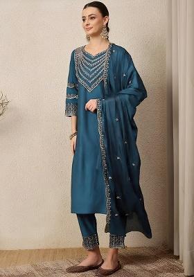 Blue Thread Work Silk Kurta Set