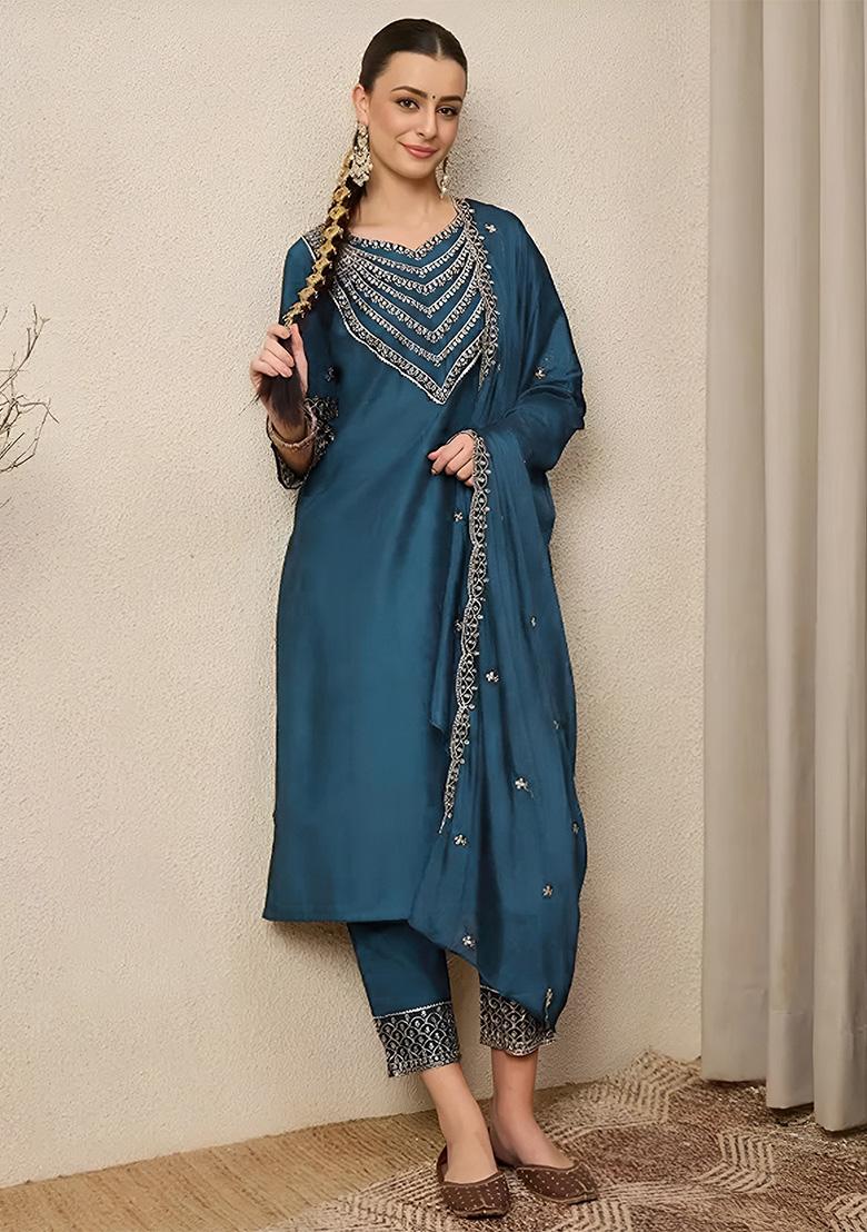 Blue Thread Work Silk Kurta Set - Indya