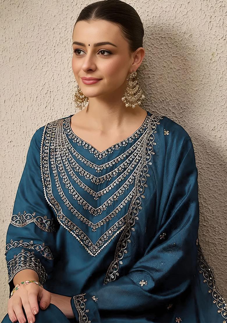 Blue Thread Work Silk Kurta Set - Indya