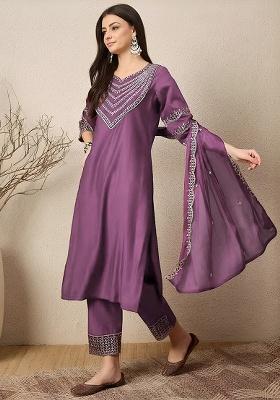 Purple Thread Work Silk Kurta Set