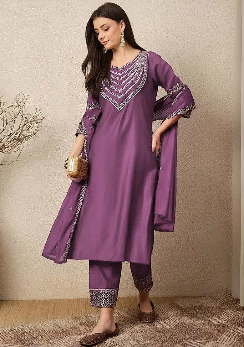 Purple Thread Work Silk Kurta Set - Indya