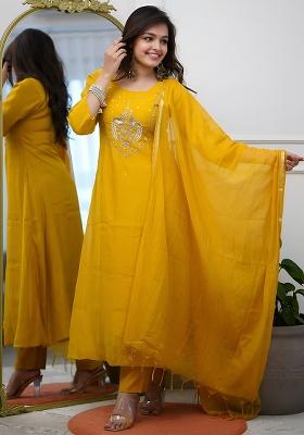 Yellow Thread Work Chanderi Kurta Set