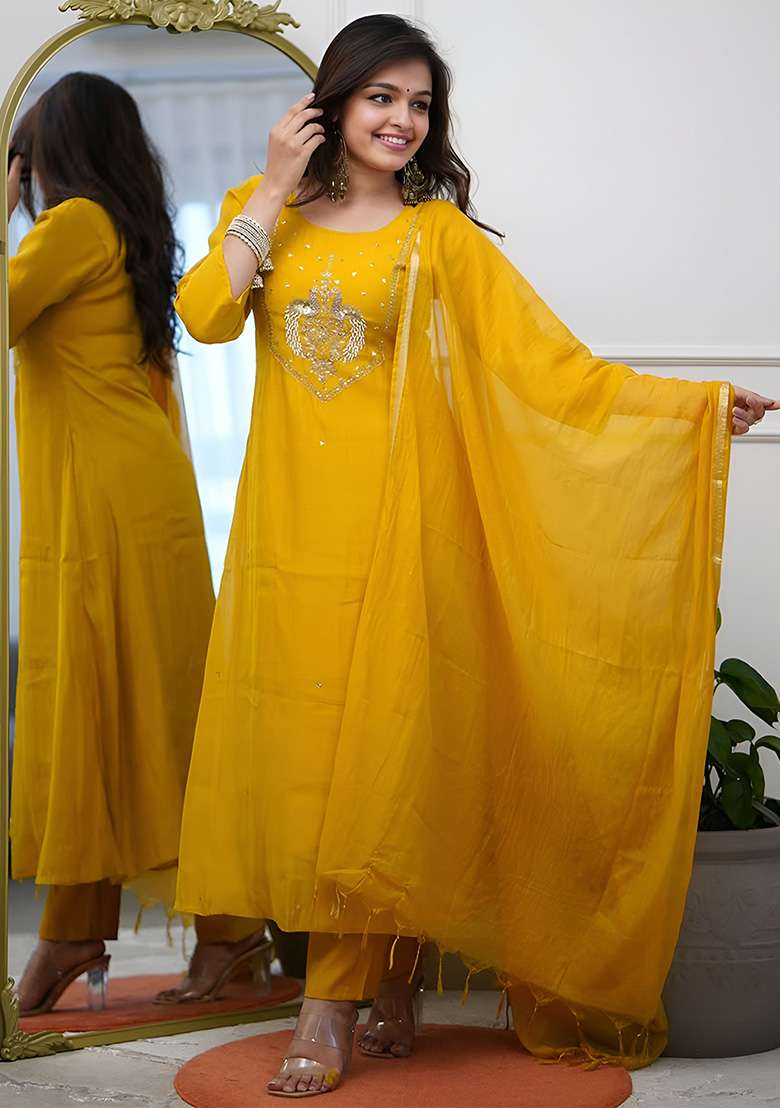 Yellow Embroidered Chanderi A Line Kurta Set - Indya