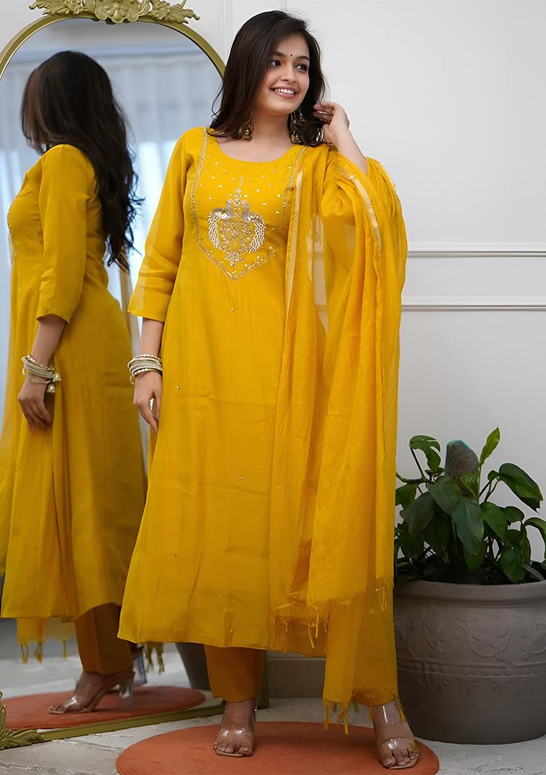 Yellow Thread Work Chanderi Kurta Set - Indya