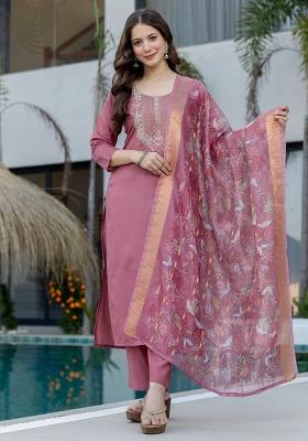 Mauve Thread Work Chanderi Kurta Set