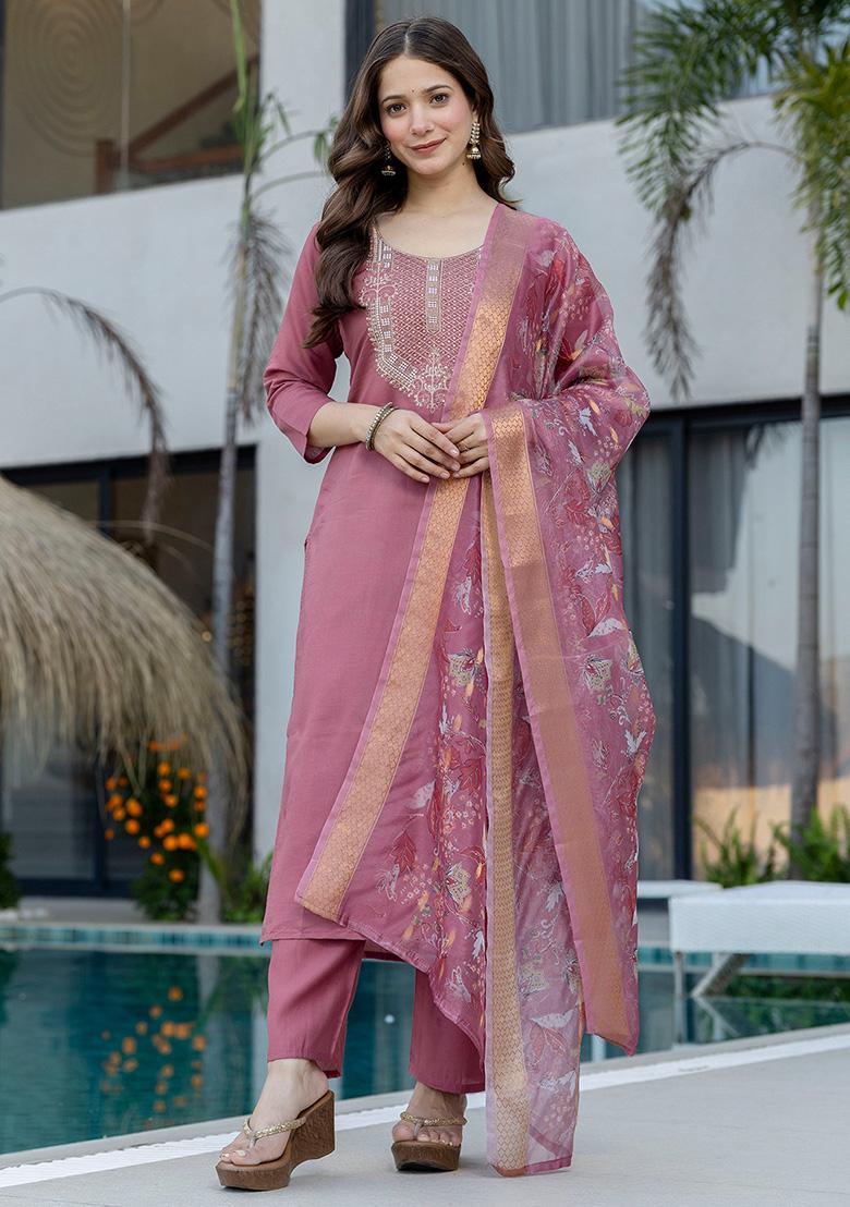 Mauve Thread Work Chanderi Kurta Set - Indya