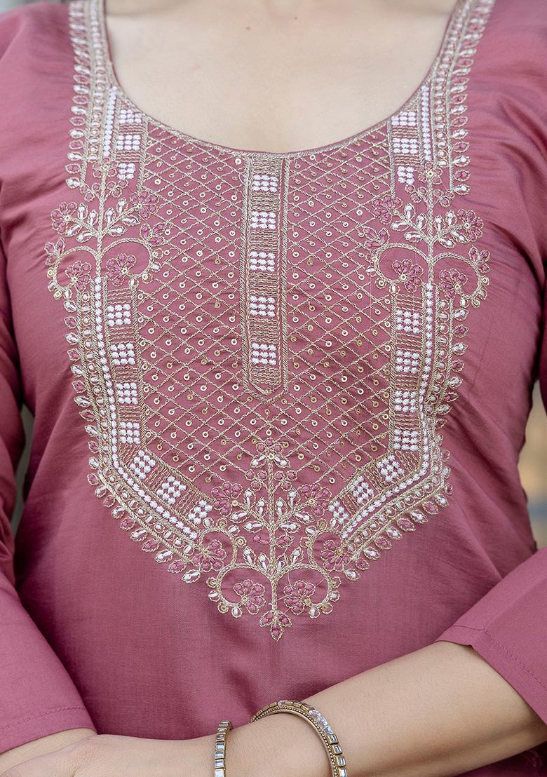 Mauve Thread Work Chanderi Kurta Set - Indya