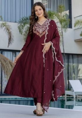 Maroon Thread Work Chinon Kurta Set