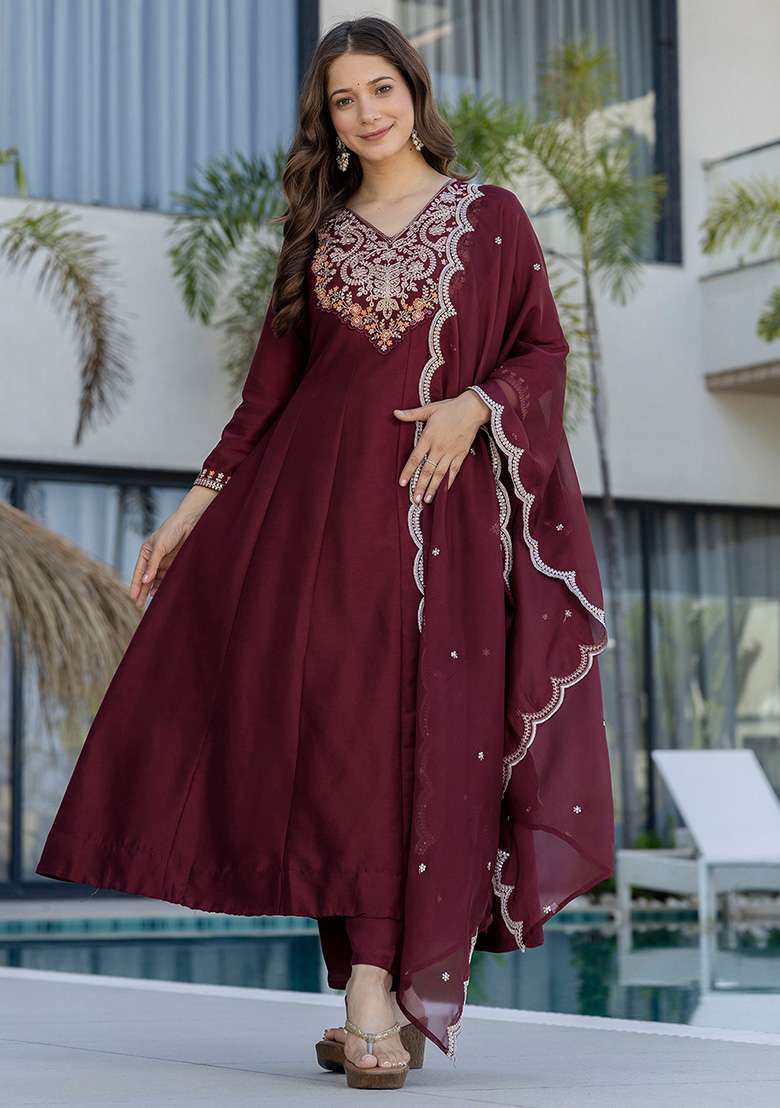Maroon Embroidered Chinon Anarkali Set - Indya