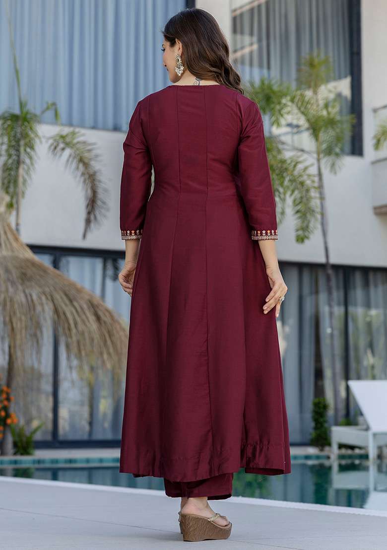 Maroon Embroidered Chinon Anarkali Set - Indya