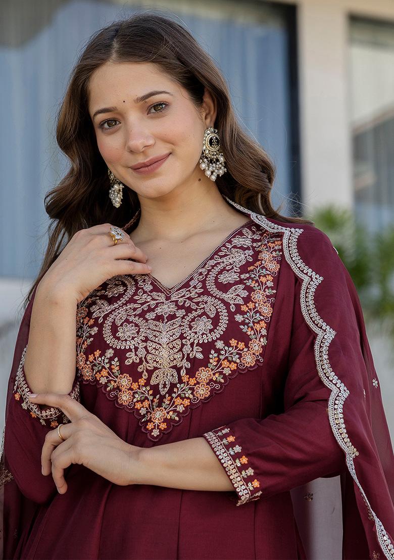 Maroon Thread Work Chinon Kurta Set - Indya