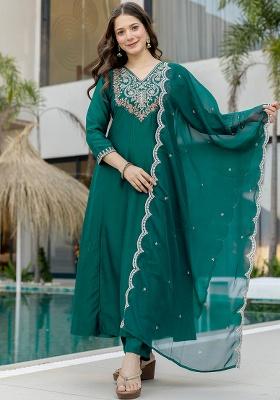Green Thread Work Chinon Kurta Set